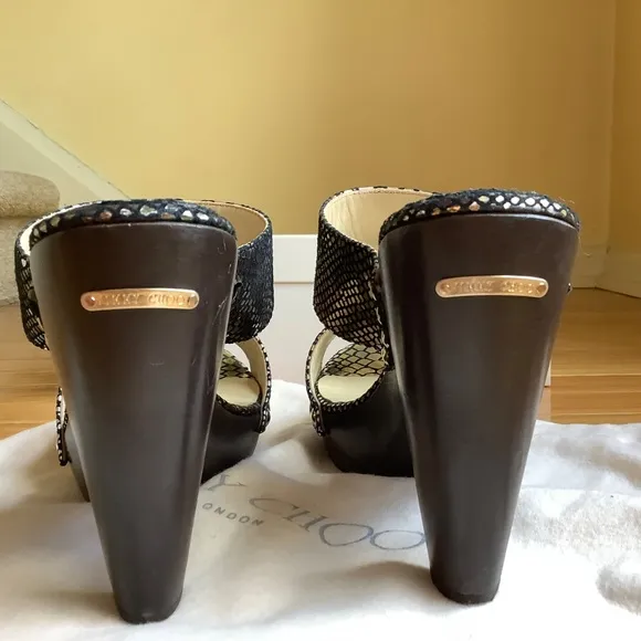 JIMMY CHOO ULRIKA Metallic Leather Studded Wooden Heel Slide Sandals SZ 40.5/9.5