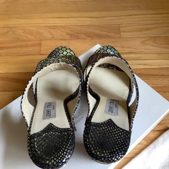 JIMMY CHOO ULRIKA Metallic Leather Studded Wooden Heel Slide Sandals SZ 40.5/9.5