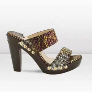 JIMMY CHOO ULRIKA Metallic Leather Studded Wooden Heel Slide Sandals SZ 40.5/9.5
