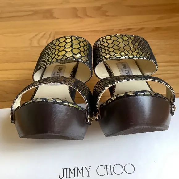 JIMMY CHOO ULRIKA Metallic Leather Studded Wooden Heel Slide Sandals SZ 40.5/9.5