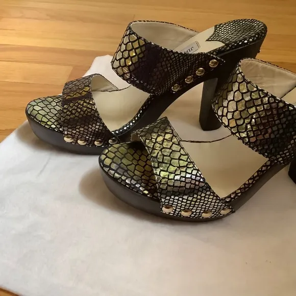 JIMMY CHOO ULRIKA Metallic Leather Studded Wooden Heel Slide Sandals SZ 40.5/9.5
