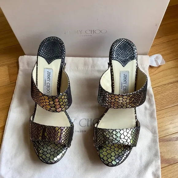 JIMMY CHOO ULRIKA Metallic Leather Studded Wooden Heel Slide Sandals SZ 40.5/9.5