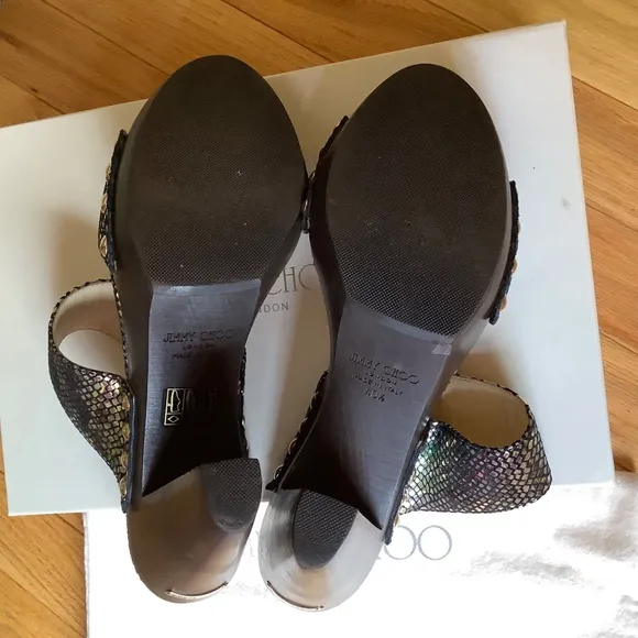 JIMMY CHOO ULRIKA Metallic Leather Studded Wooden Heel Slide Sandals SZ 40.5/9.5