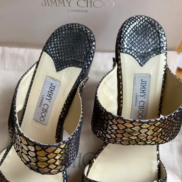 JIMMY CHOO ULRIKA Metallic Leather Studded Wooden Heel Slide Sandals SZ 40.5/9.5