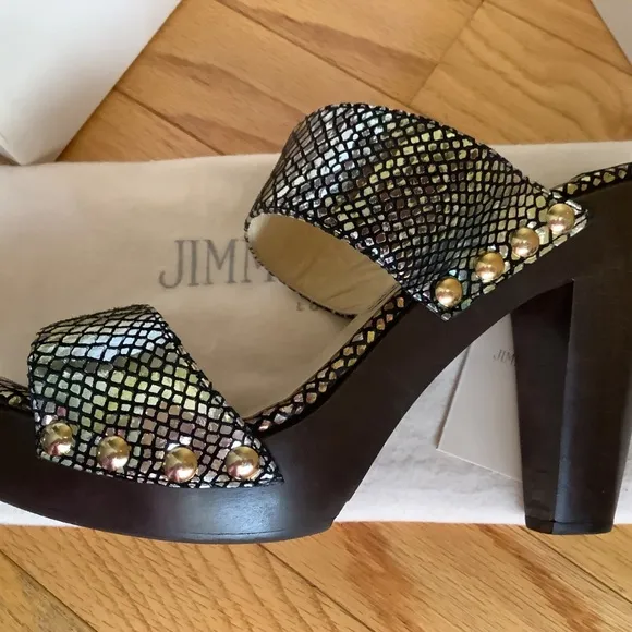 JIMMY CHOO ULRIKA Metallic Leather Studded Wooden Heel Slide Sandals SZ 40.5/9.5