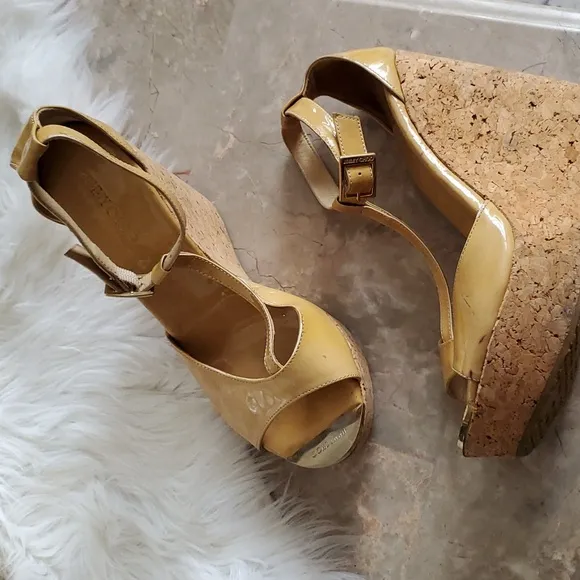 Jimmy Choo Yellow Wedge Sandals with Ankle Strap