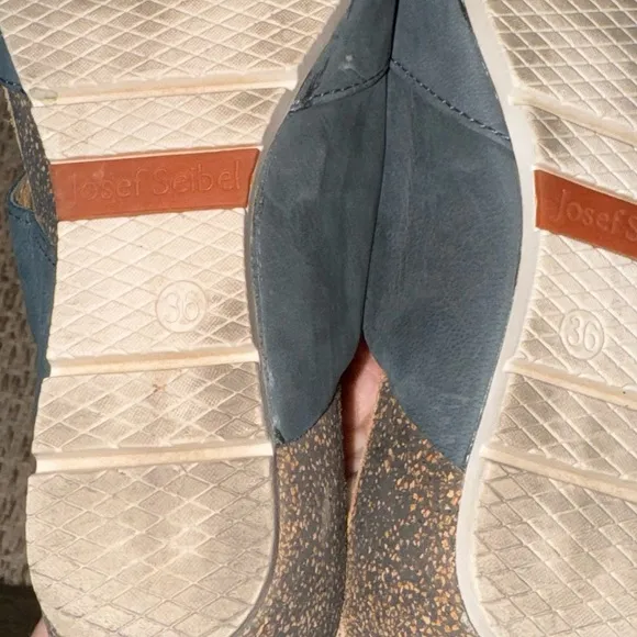 Josef Siebel Gray Blue Leather Slip On Cork Wedge Sandals Comfort Size 36