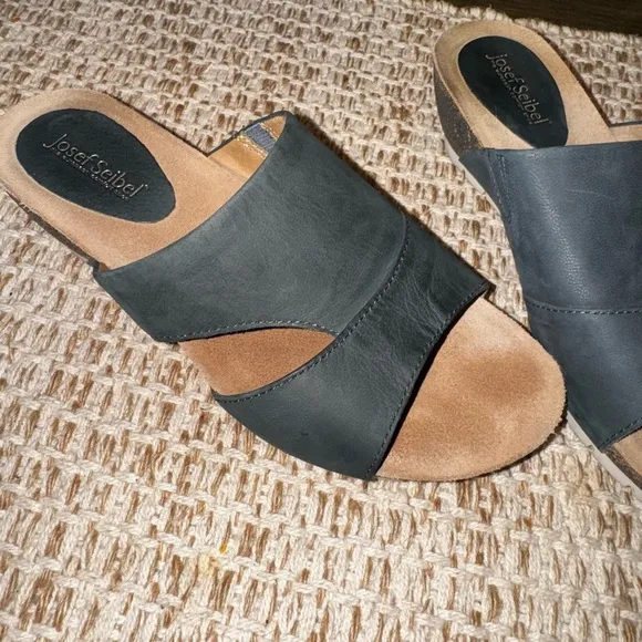 Josef Siebel Gray Blue Leather Slip On Cork Wedge Sandals Comfort Size 36