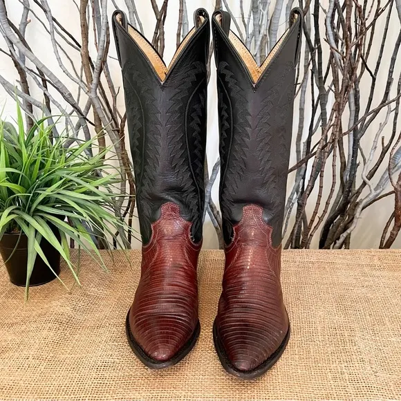 Justin Lizard Skin Leather Western Cowboy Boots 9373 Size 5.5 Women’s Two-Tone
