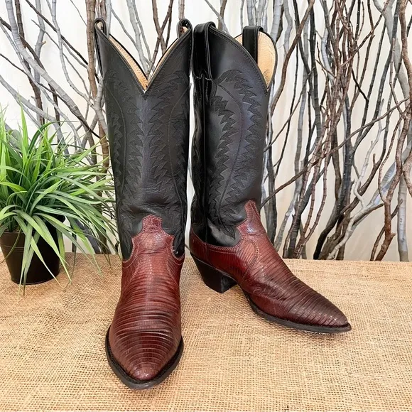 Justin Lizard Skin Leather Western Cowboy Boots 9373 Size 5.5 Women’s Two-Tone