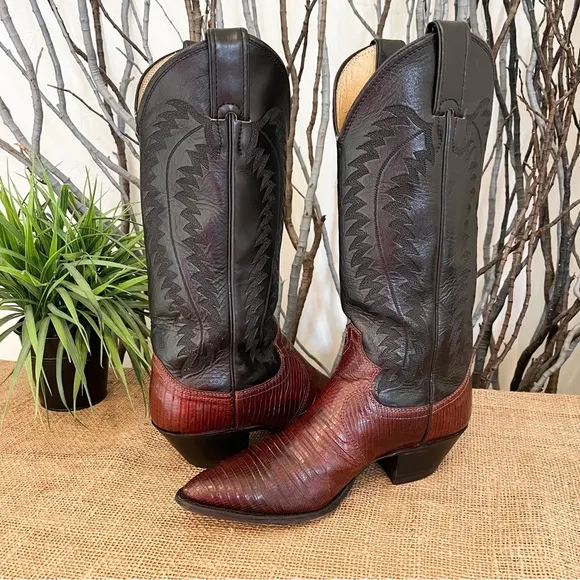 Justin Lizard Skin Leather Western Cowboy Boots 9373 Size 5.5 Women’s Two-Tone