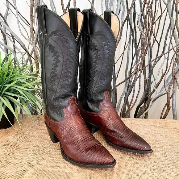 Justin Lizard Skin Leather Western Cowboy Boots 9373 Size 5.5 Women’s Two-Tone