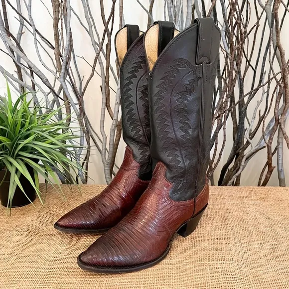 Justin Lizard Skin Leather Western Cowboy Boots 9373 Size 5.5 Women’s Two-Tone