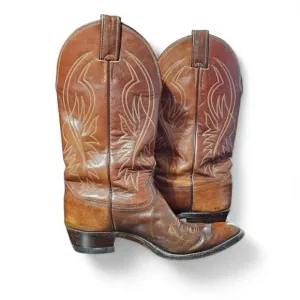 Justin men's leather cowboy boots brown 12&quot; shaft pointed toe size 9E