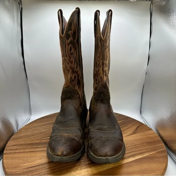 Justin Stampede Pull On Western Boots Pointed Toe Brown 2555 Leather Men's‎ 9D