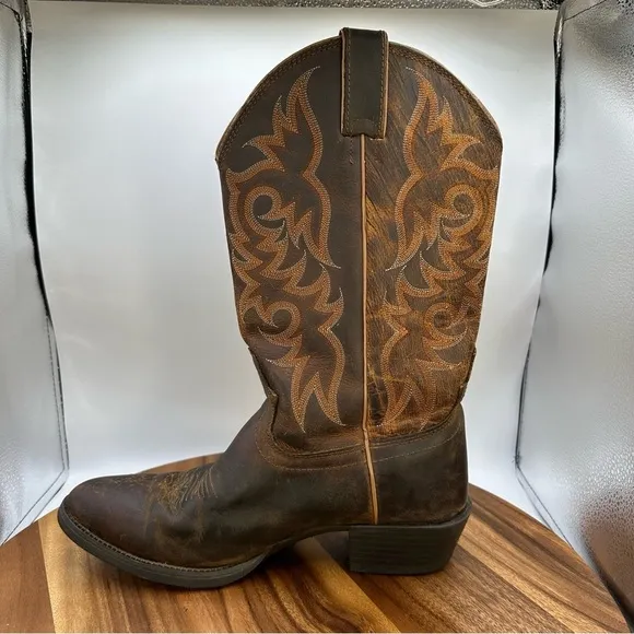 Justin Stampede Pull On Western Boots Pointed Toe Brown 2555 Leather Men's‎ 9D