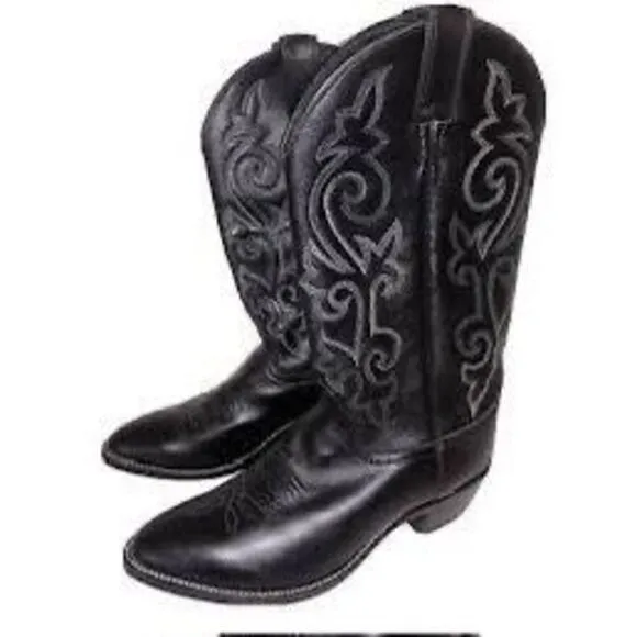 Justin Men's size 8.5EE Wide Classic Western Cowboy Boots Black Tooled Leather