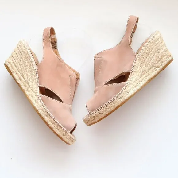 Kanna Dusty Pink Nubuck Leather Sling-back Peep Toe Espadrille Wedge Sandals 7.5