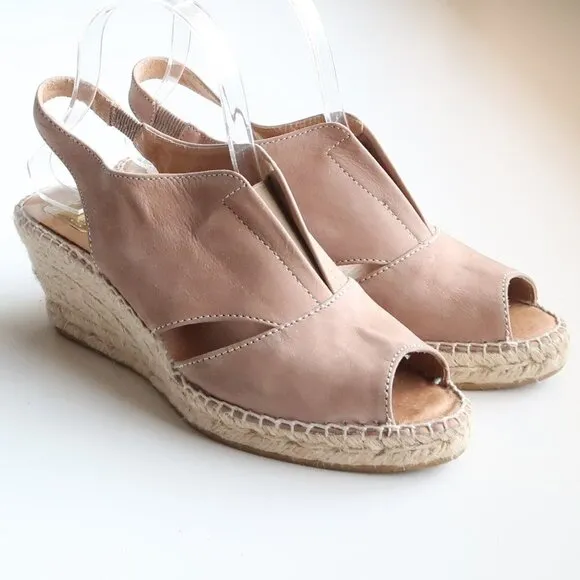 Kanna Dusty Pink Nubuck Leather Sling-back Peep Toe Espadrille Wedge Sandals 7.5