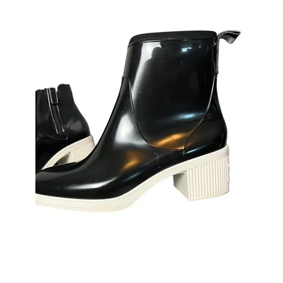 Kate Spade Womens 8 Puddle Rain Boots Black White Sole Chunky Heel Dark Academia