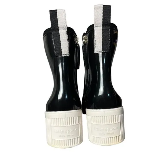 Kate Spade Womens 8 Puddle Rain Boots Black White Sole Chunky Heel Dark Academia