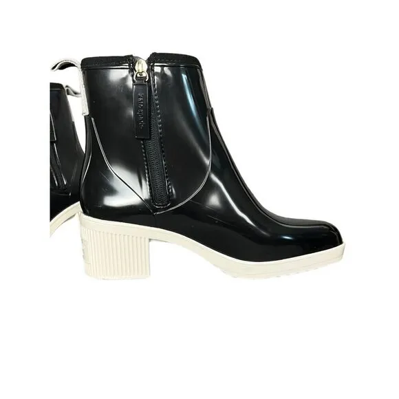 Kate Spade Womens 8 Puddle Rain Boots Black White Sole Chunky Heel Dark Academia