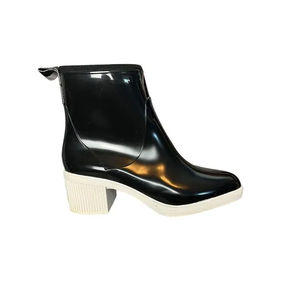Kate Spade Womens 8 Puddle Rain Boots Black White Sole Chunky Heel Dark Academia
