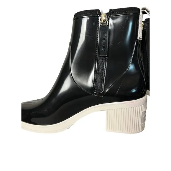 Kate Spade Womens 8 Puddle Rain Boots Black White Sole Chunky Heel Dark Academia