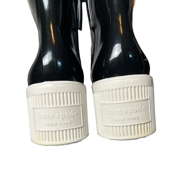 Kate Spade Womens 8 Puddle Rain Boots Black White Sole Chunky Heel Dark Academia
