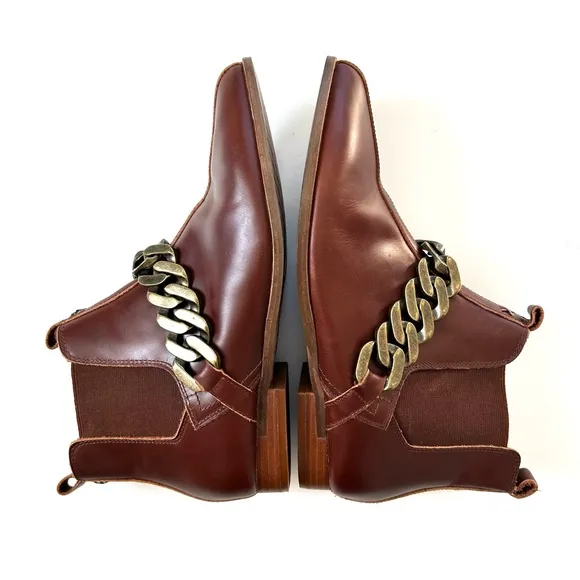 Kelsi Dagger Brown Cognac Genuine Leather Slow Chain Ankle Booties