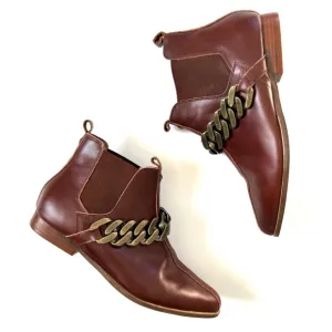 Kelsi Dagger Brown Cognac Genuine Leather Slow Chain Ankle Booties