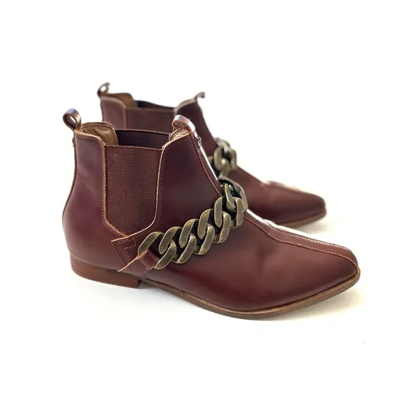Kelsi Dagger Brown Cognac Genuine Leather Slow Chain Ankle Booties