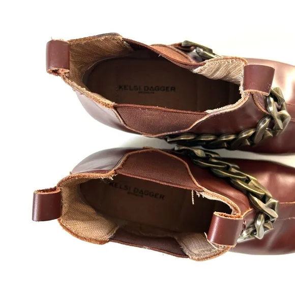Kelsi Dagger Brown Cognac Genuine Leather Slow Chain Ankle Booties