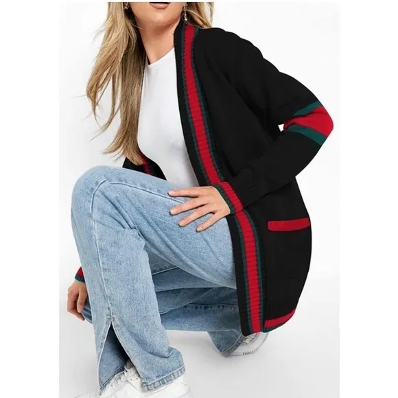 Knit Cardigan Sweater Color Block Chunky Open Front Size XL. Boho Chic NWOT