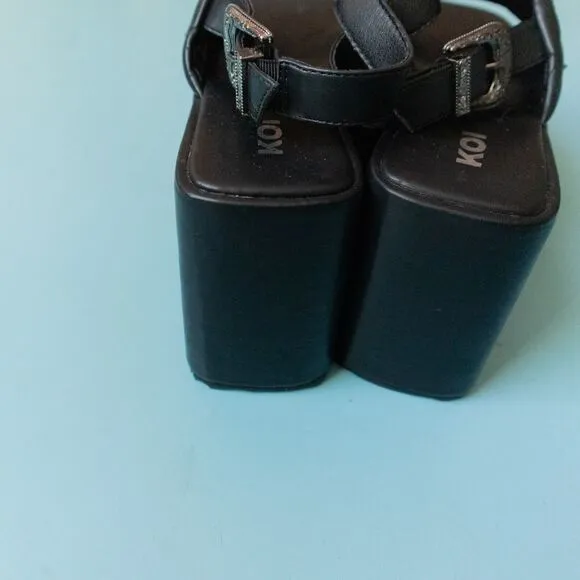 KOI Black Faux Leather Imperial Web Mega Platform Studded Silver Sandals Size 7