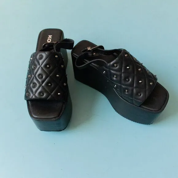 KOI Black Faux Leather Imperial Web Mega Platform Studded Silver Sandals Size 7