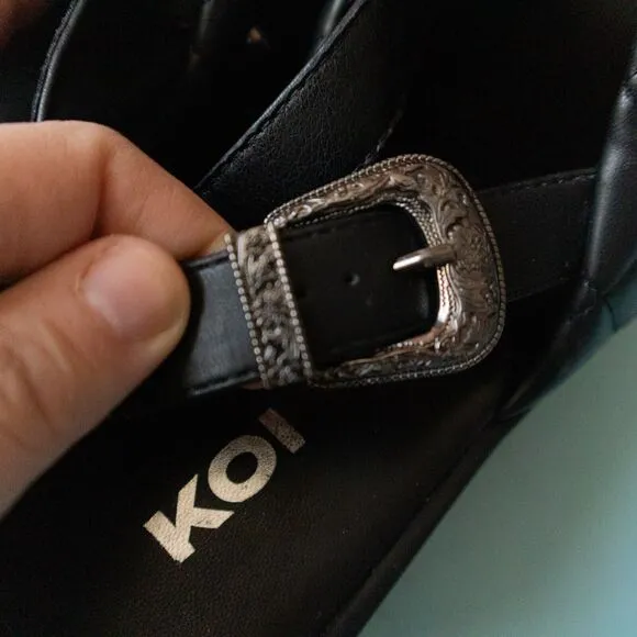 KOI Black Faux Leather Imperial Web Mega Platform Studded Silver Sandals Size 7