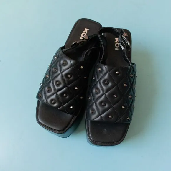 KOI Black Faux Leather Imperial Web Mega Platform Studded Silver Sandals Size 7