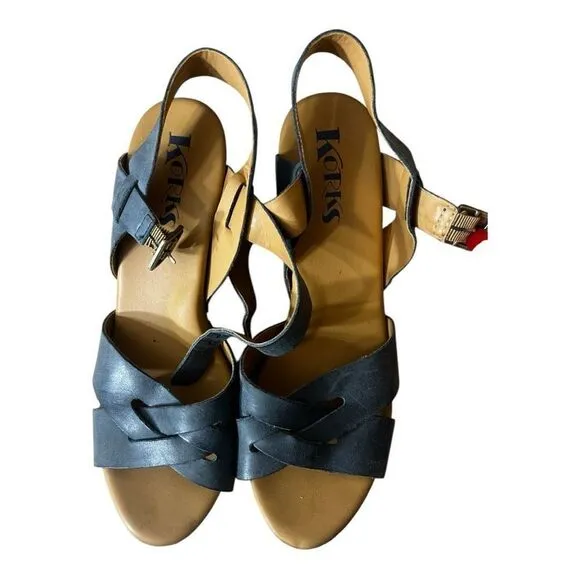 Korks Women Size 8M Grey Leather Sandals Heels Platforms Studded Buckle Strappy
