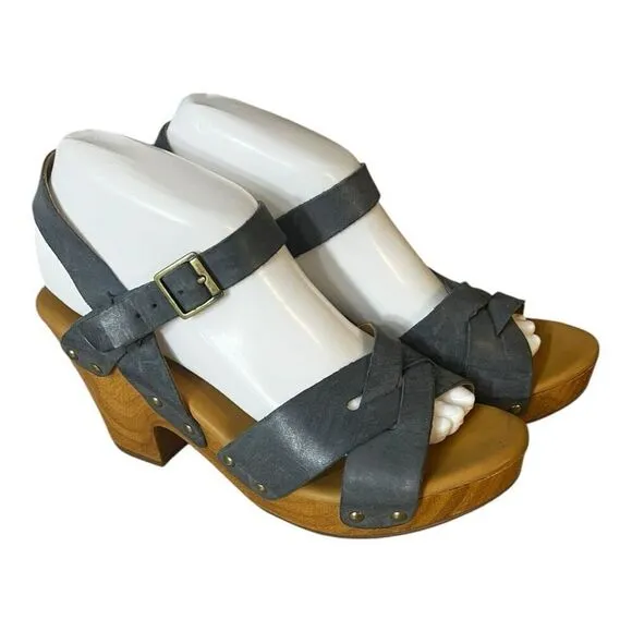 Korks Women Size 8M Grey Leather Sandals Heels Platforms Studded Buckle Strappy