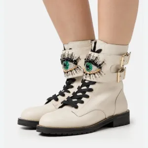 Kurt Geiger White and Black Combat Boots with Eye Design