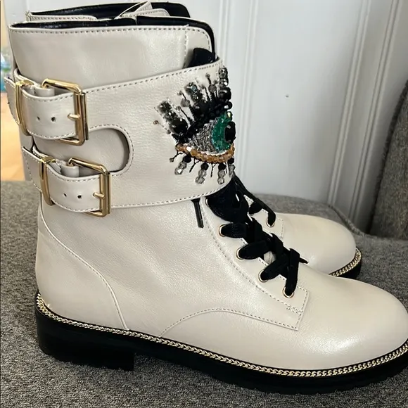 Kurt Geiger White and Black Combat Boots with Eye Design
