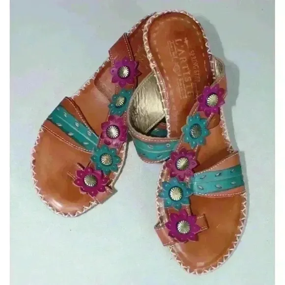 L Artiste Spring Step Lynnie Floral Wedge Sandals 37 Womens 6.5-7 Colorful Artsy