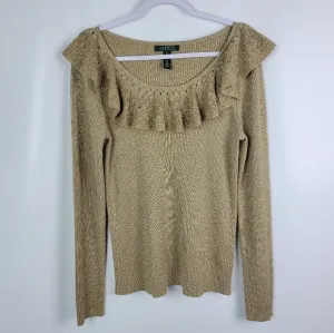 Lauren Ralph Lauren Silk Gold Metalic Ruffle Top Sz XL
