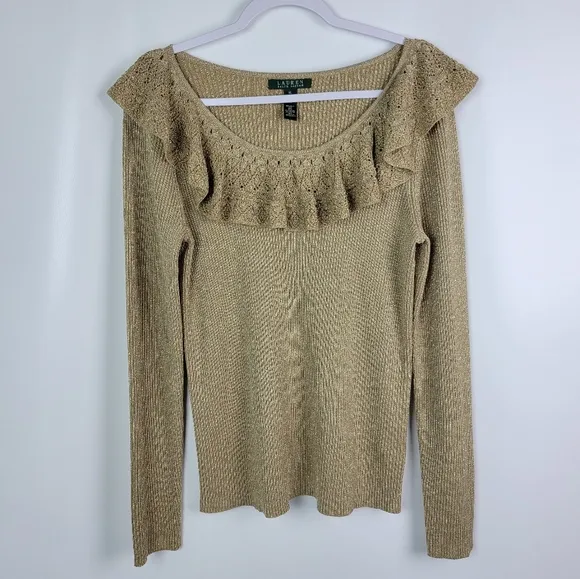 Lauren Ralph Lauren Silk Gold Metalic Ruffle Top Sz XL