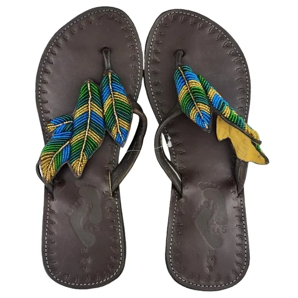 Leaf Beaded Leather Sandals from Kenya