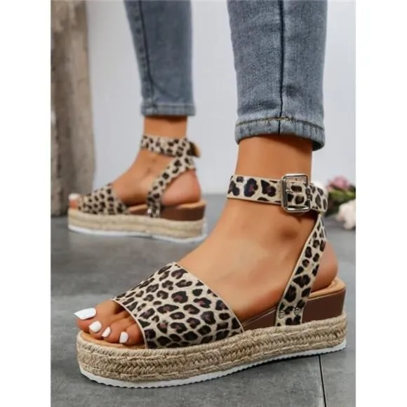 Leopard Pattern Espadrille Ankle Strap Sandals, Vacation Outdoor Wedge Sandals