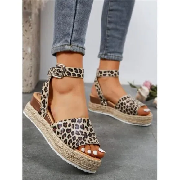 Leopard Pattern Espadrille Ankle Strap Sandals, Vacation Outdoor Wedge Sandals