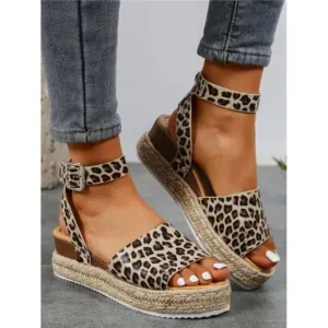 Leopard Pattern Espadrille Ankle Strap Sandals, Vacation Outdoor Wedge Sandals