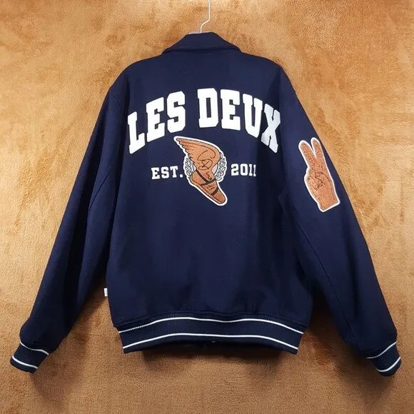 LES DEUX Varsity Jacket Mens XL Navy Snap Button Wool Basketball Sneakers $439